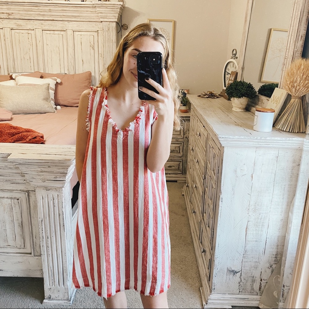 UMGEE VNECK POCKET DRESS STRIPED ORANGE WHITE M